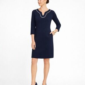 Talbots Classic Navy Notch Neck Dress (SM) 100% Cotton Preppy 3/4 Sleeve Coastal
